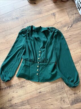Lulu's Emerald Green Button-Up  Blouse with Gold Buttons
